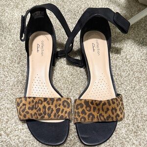 Clarks Women's Black and Leopard Print Heels